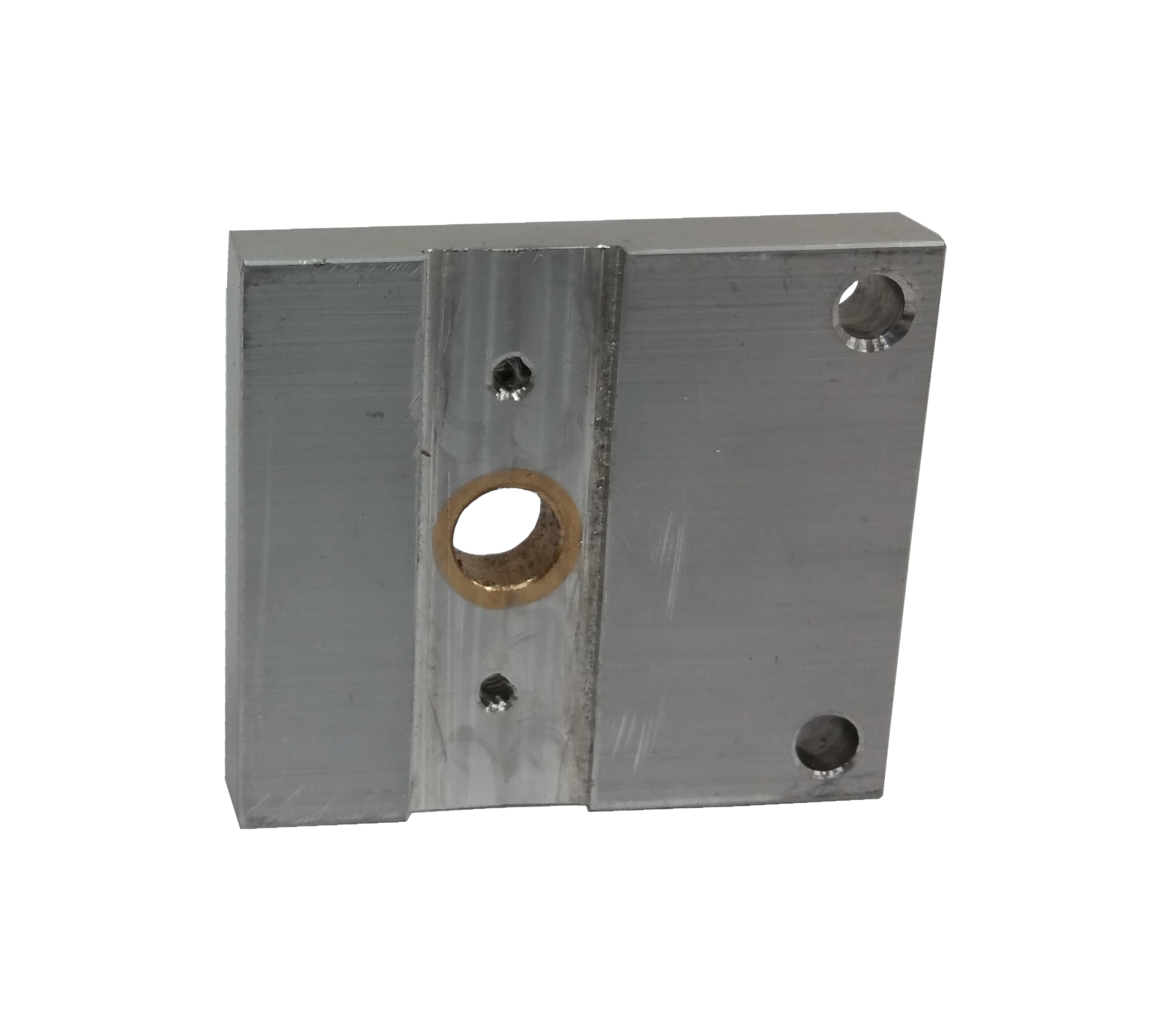 Machined Part - Aluminum bar with 5/16 in. x 0.625 in. rectangular cut-out across full width—(2) #6-32 drilled and tapped holes, and (2) 0.218 in. O.D. holes