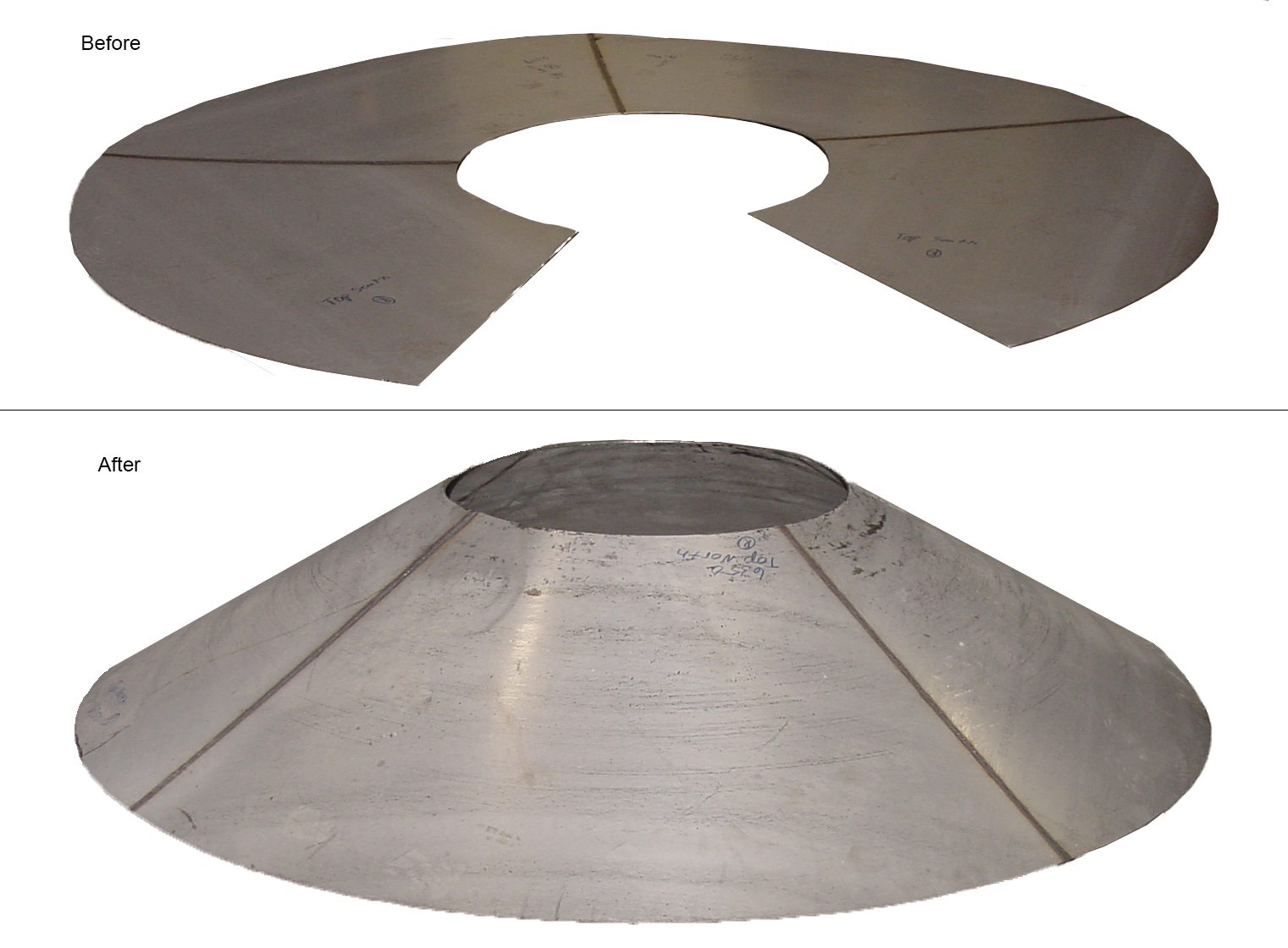 Rolled Part - Cone flat made into 4 pieces—welded—then rolled to 7 ft.- 6 3/16 in. O.D. on the large end and 2 ft. 8 in. O.D. on the smaller end